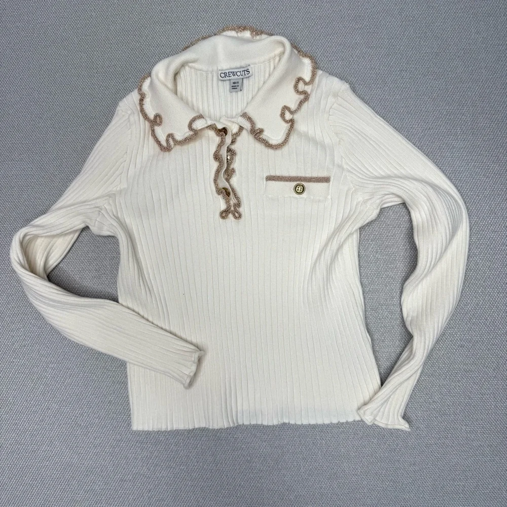 J. Crew Crewcuts Girls' ruffle polo sweater Cream Gold‎ Metallic Small 6-7